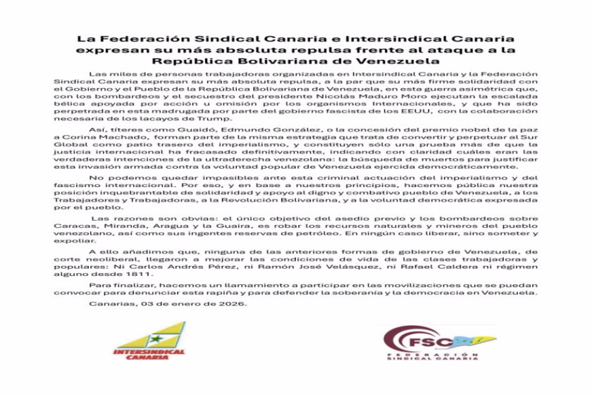 La Federación Sindical Canaria e Intersindical Canaria expresan su más absoluta repulsa frente al ataque a la República Bolivariana de Venezuela