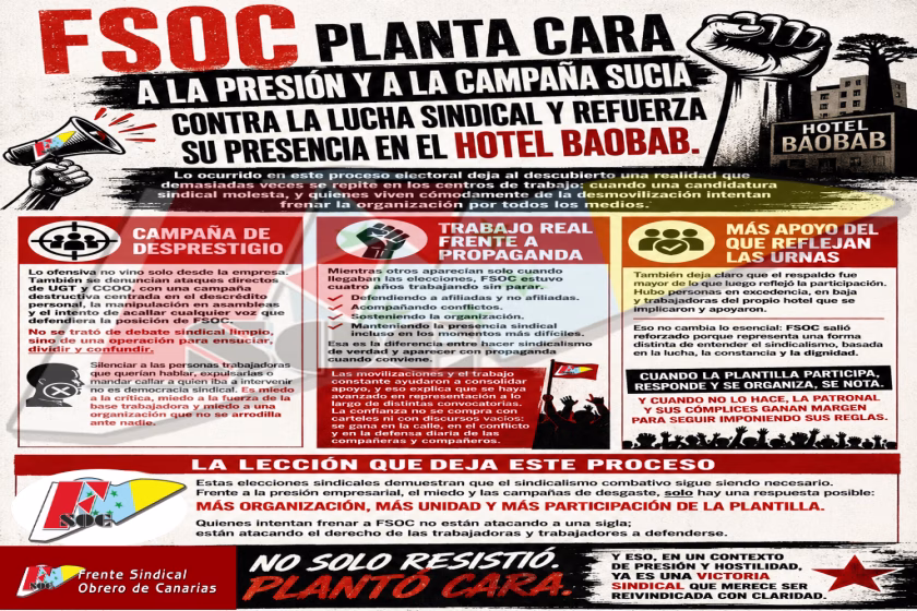 FSOC refuerza su presencia tras años de lucha sindical, presión y campañas de desgaste en el Hotel Baobab